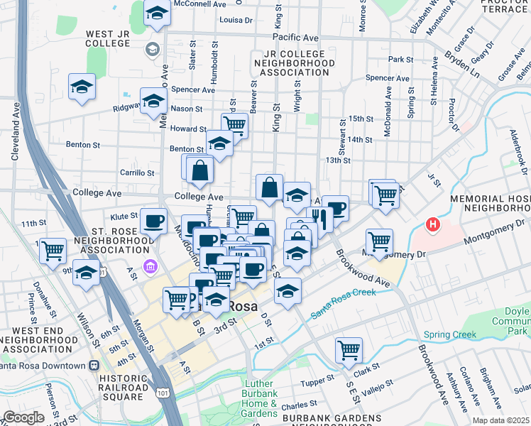 map of restaurants, bars, coffee shops, grocery stores, and more near 610 Beaver Street in Santa Rosa