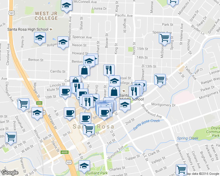 map of restaurants, bars, coffee shops, grocery stores, and more near 610 Beaver Street in Santa Rosa
