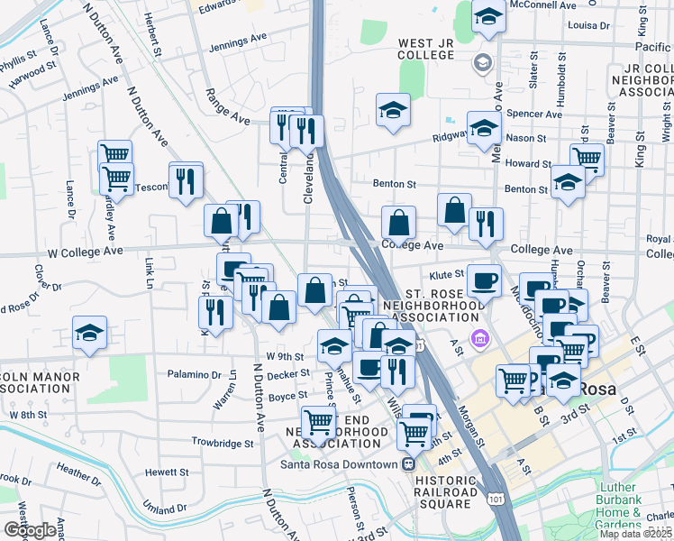 map of restaurants, bars, coffee shops, grocery stores, and more near 131 Lincoln Street in Santa Rosa