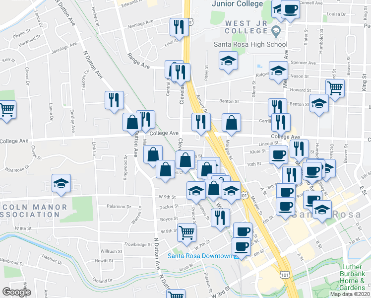 map of restaurants, bars, coffee shops, grocery stores, and more near 131 Lincoln Street in Santa Rosa