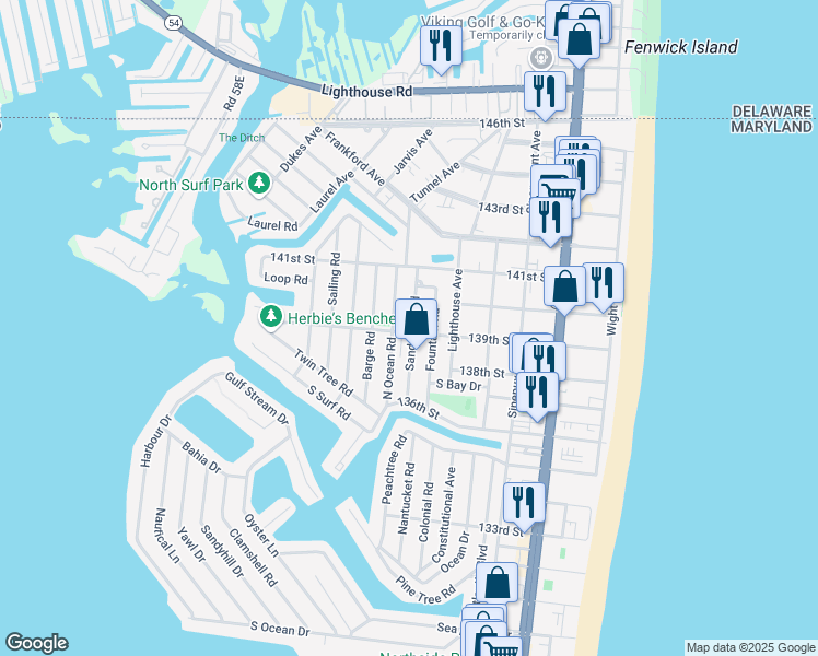 map of restaurants, bars, coffee shops, grocery stores, and more near 13902 Sand Dune Road in Ocean City