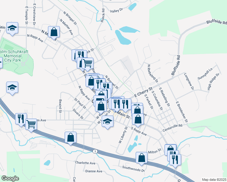 map of restaurants, bars, coffee shops, grocery stores, and more near 205 North Briegel Street in Columbia