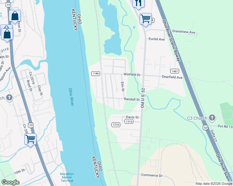 map of restaurants, bars, coffee shops, grocery stores, and more near 223 Township Road 1186 in South Point