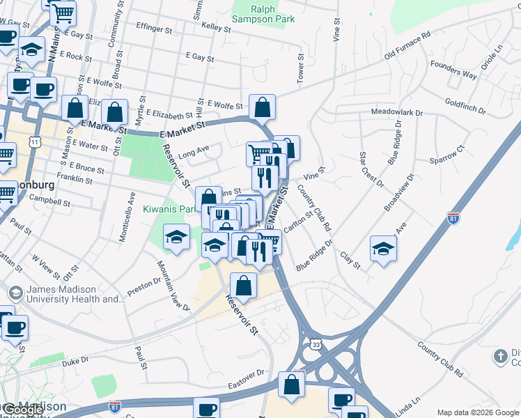 map of restaurants, bars, coffee shops, grocery stores, and more near 609 Norwood Street in Harrisonburg