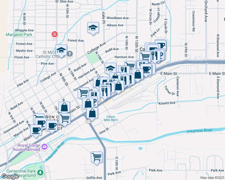 map of restaurants, bars, coffee shops, grocery stores, and more near 1216 Main Street in Cañon City