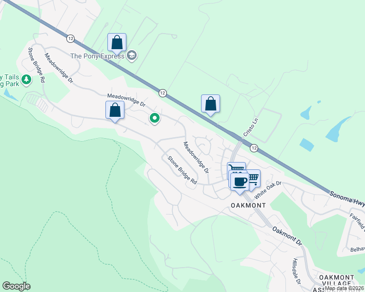 map of restaurants, bars, coffee shops, grocery stores, and more near 6538 Meadowridge Drive in Santa Rosa