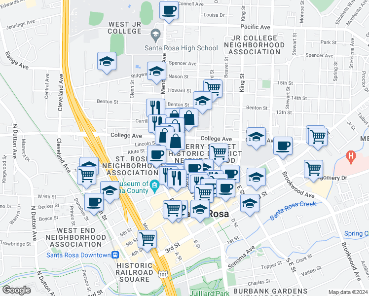 map of restaurants, bars, coffee shops, grocery stores, and more near 647 Cherry Street in Santa Rosa
