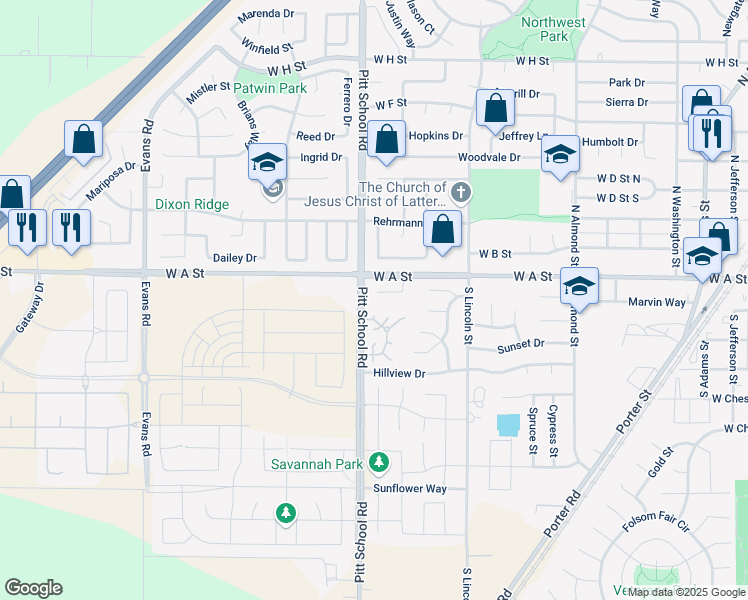 map of restaurants, bars, coffee shops, grocery stores, and more near 1385 Estates Drive in Dixon