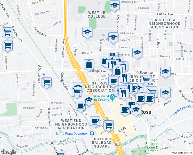 map of restaurants, bars, coffee shops, grocery stores, and more near 400 Lincoln Street in Santa Rosa