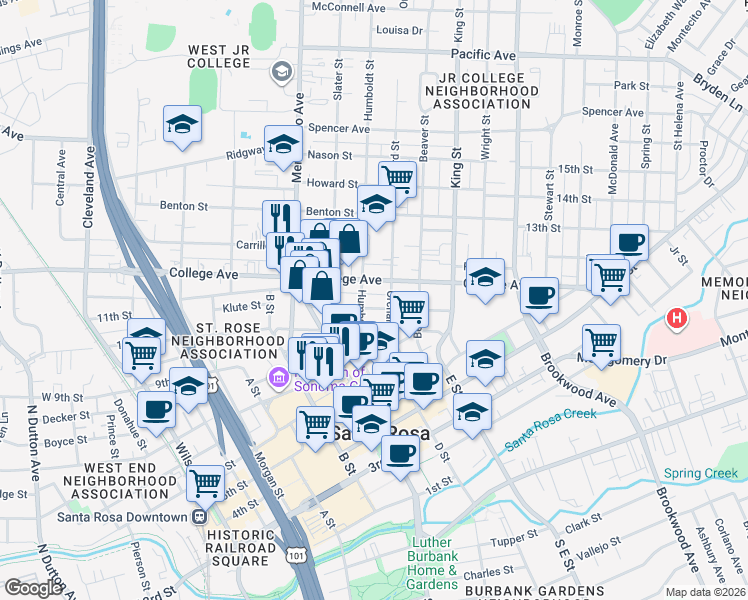 map of restaurants, bars, coffee shops, grocery stores, and more near 713 Cherry Street in Santa Rosa