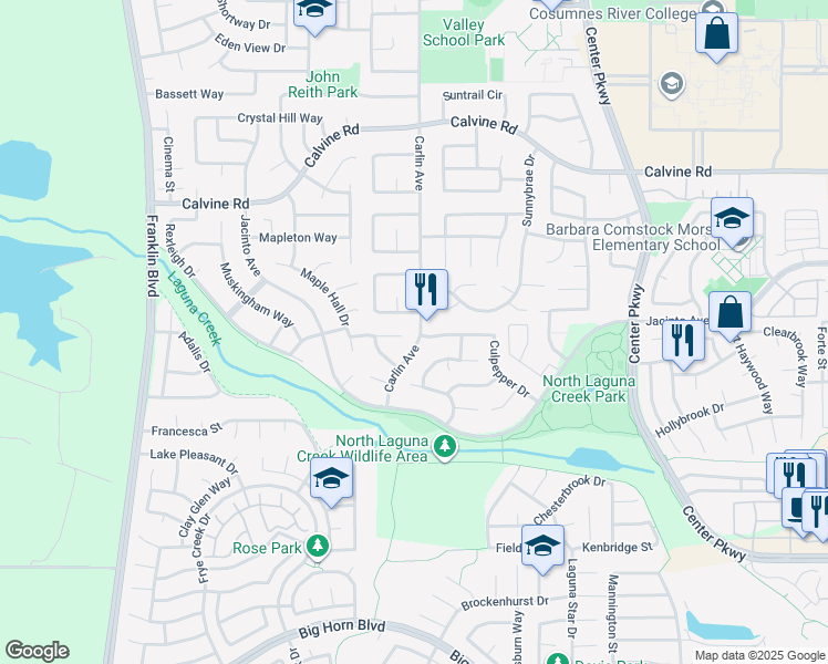 map of restaurants, bars, coffee shops, grocery stores, and more near 8635 Carlin Avenue in Sacramento