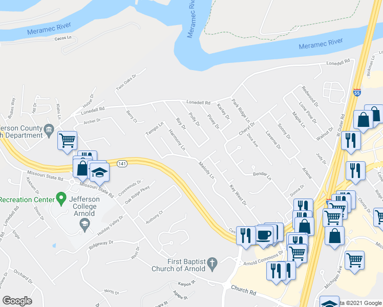 map of restaurants, bars, coffee shops, grocery stores, and more near 1764 Harmony Ln in Arnold