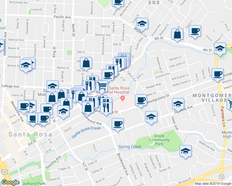 map of restaurants, bars, coffee shops, grocery stores, and more near 1226 Fair Oaks Avenue in Santa Rosa