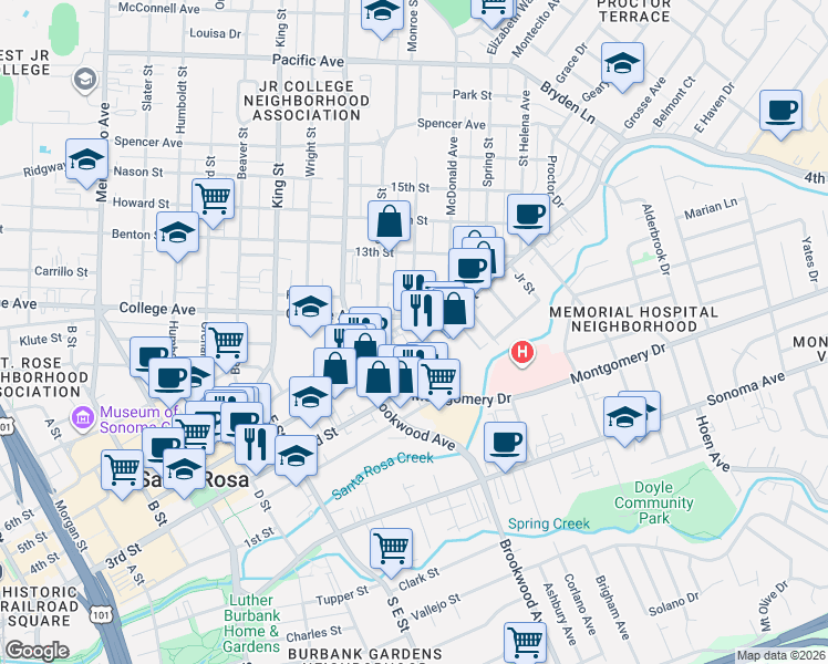 map of restaurants, bars, coffee shops, grocery stores, and more near 1232 College Avenue in Santa Rosa