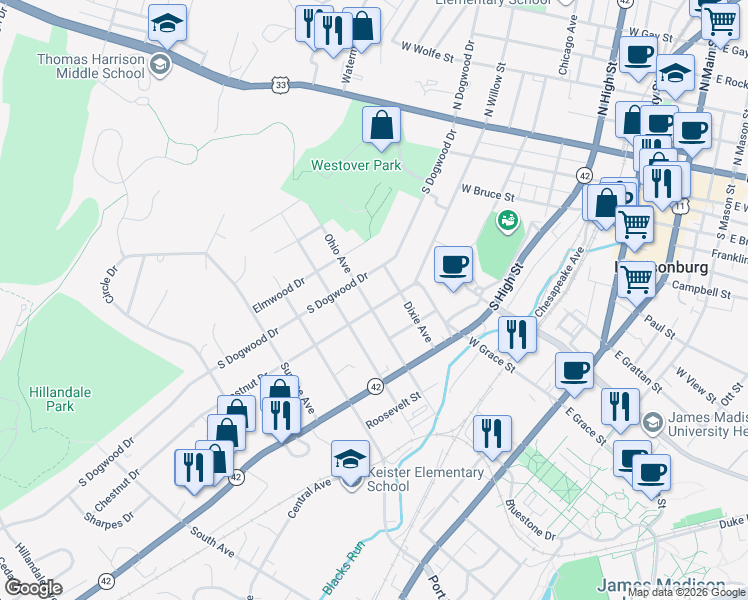 map of restaurants, bars, coffee shops, grocery stores, and more near 430 Ohio Ave in Harrisonburg