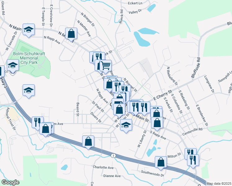 map of restaurants, bars, coffee shops, grocery stores, and more near 318 North Main Street in Columbia