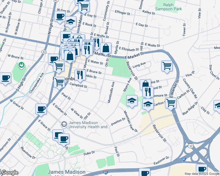 map of restaurants, bars, coffee shops, grocery stores, and more near 339 Monticello Avenue in Harrisonburg