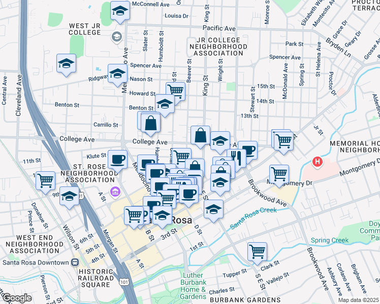 map of restaurants, bars, coffee shops, grocery stores, and more near 610 Beaver Street in Santa Rosa