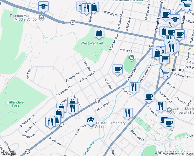 map of restaurants, bars, coffee shops, grocery stores, and more near 430 Ohio Avenue in Harrisonburg