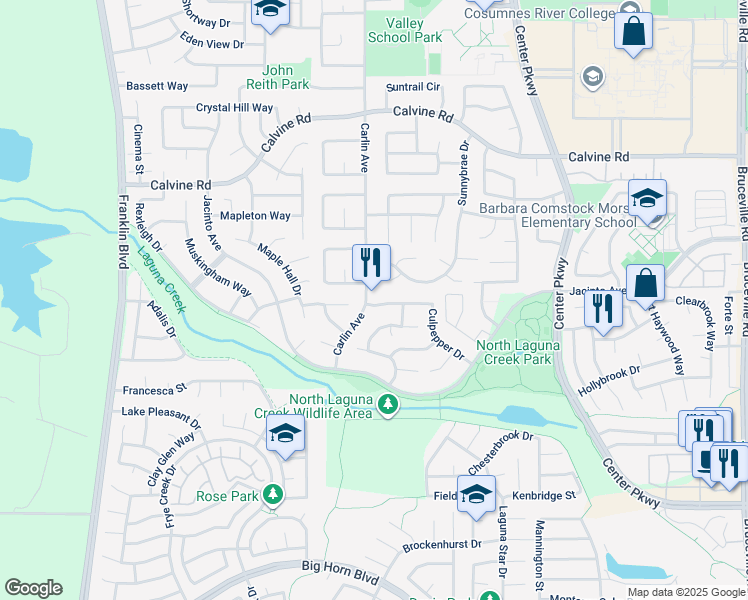 map of restaurants, bars, coffee shops, grocery stores, and more near 8635 Carlin Avenue in Sacramento