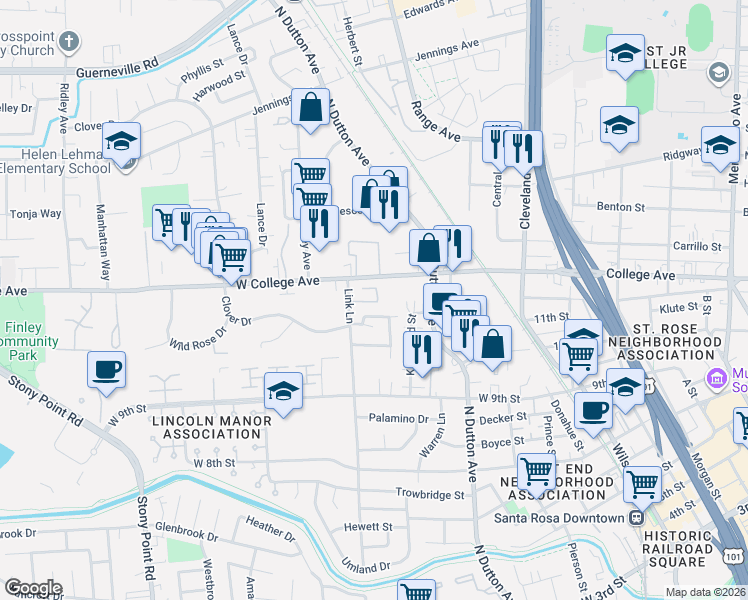 map of restaurants, bars, coffee shops, grocery stores, and more near 501 Kay Mar Way in Santa Rosa
