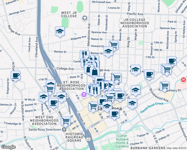 map of restaurants, bars, coffee shops, grocery stores, and more near 607 Cherry Street in Santa Rosa