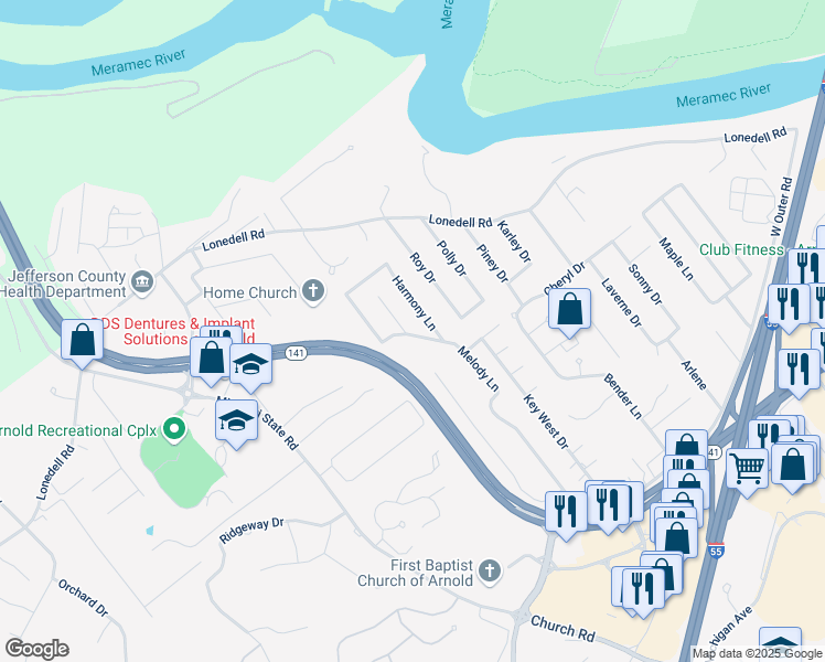 map of restaurants, bars, coffee shops, grocery stores, and more near 1754 Melody Lane in Arnold