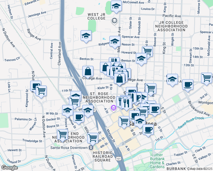 map of restaurants, bars, coffee shops, grocery stores, and more near 446 Lincoln Street in Santa Rosa
