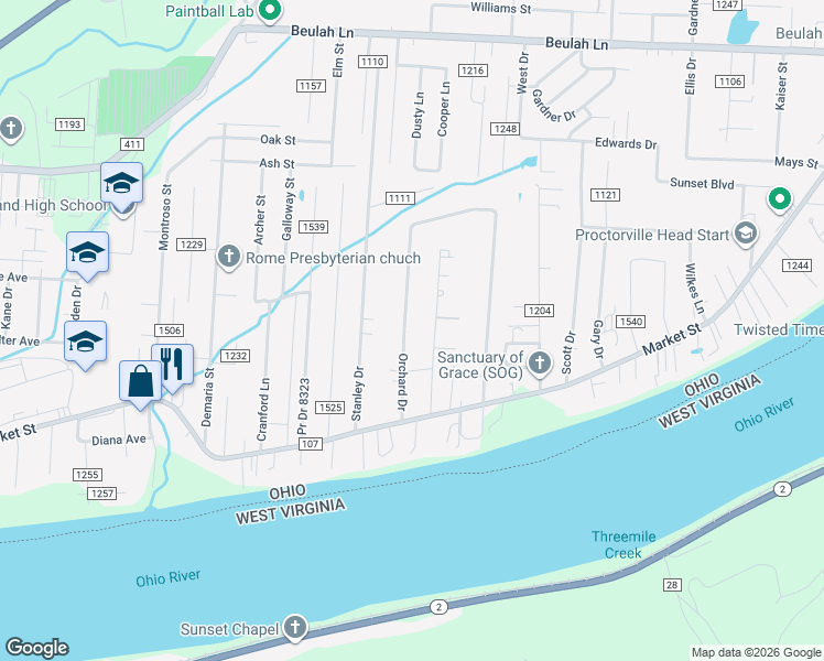map of restaurants, bars, coffee shops, grocery stores, and more near 194 Orchard Drive in Proctorville