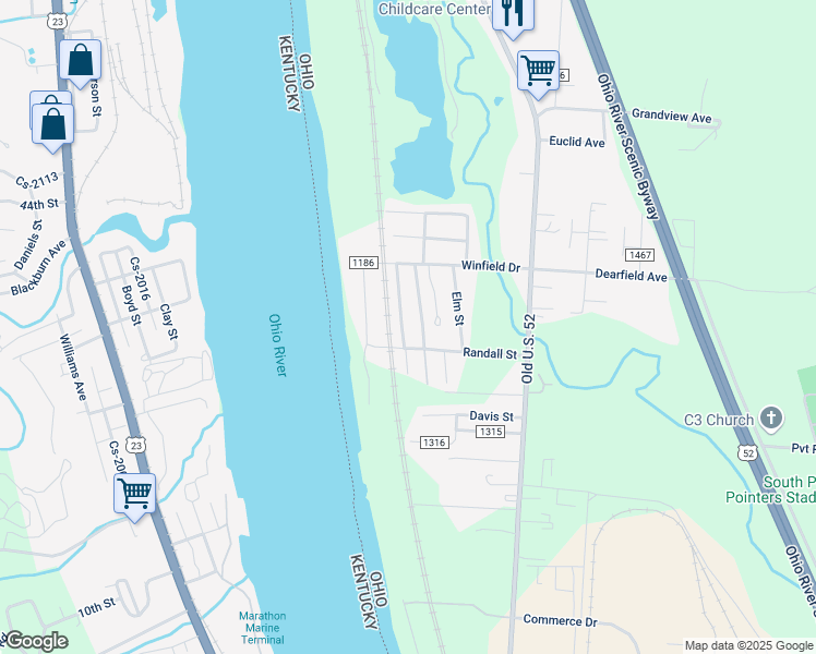 map of restaurants, bars, coffee shops, grocery stores, and more near 52 Pvt Drive in South Point