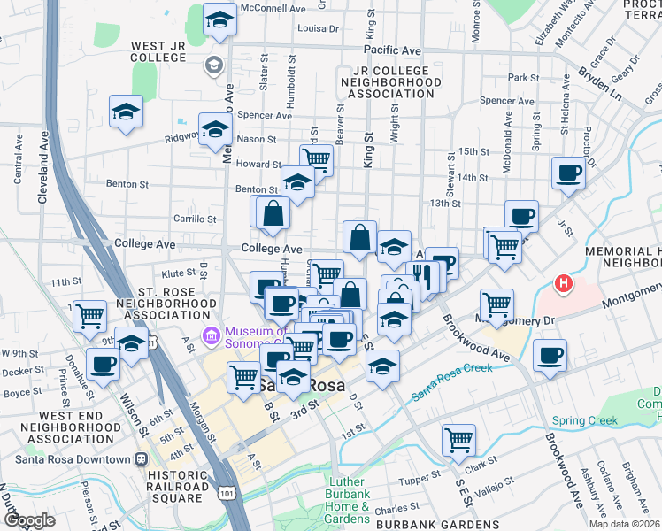 map of restaurants, bars, coffee shops, grocery stores, and more near 611 Beaver Street in Santa Rosa