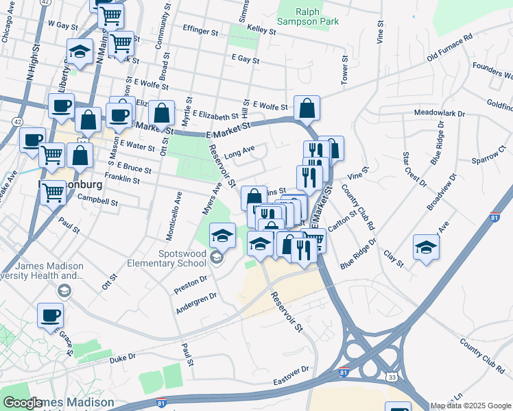 map of restaurants, bars, coffee shops, grocery stores, and more near 524 Norwood Street in Harrisonburg