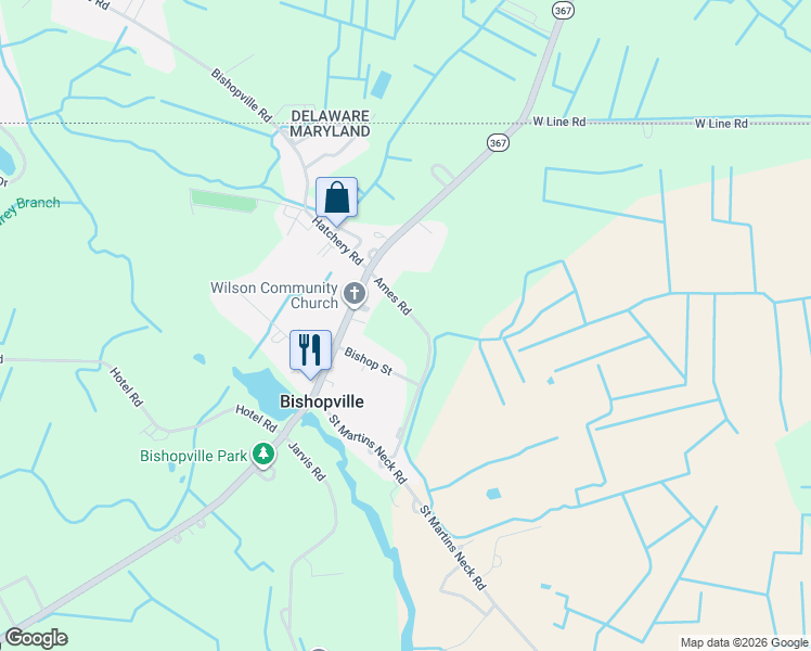 map of restaurants, bars, coffee shops, grocery stores, and more near 13214 Ames Rd in Bishopville