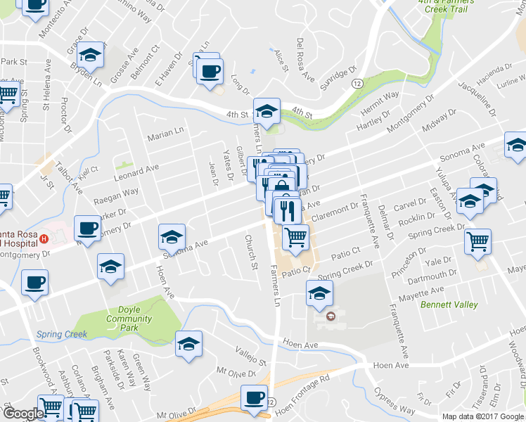 map of restaurants, bars, coffee shops, grocery stores, and more near 541 Farmers Lane in Santa Rosa