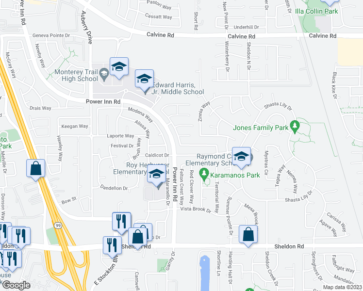 map of restaurants, bars, coffee shops, grocery stores, and more near 8646 Adamstown Way in Elk Grove