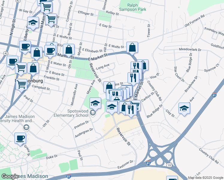 map of restaurants, bars, coffee shops, grocery stores, and more near 528 Norwood Street in Harrisonburg