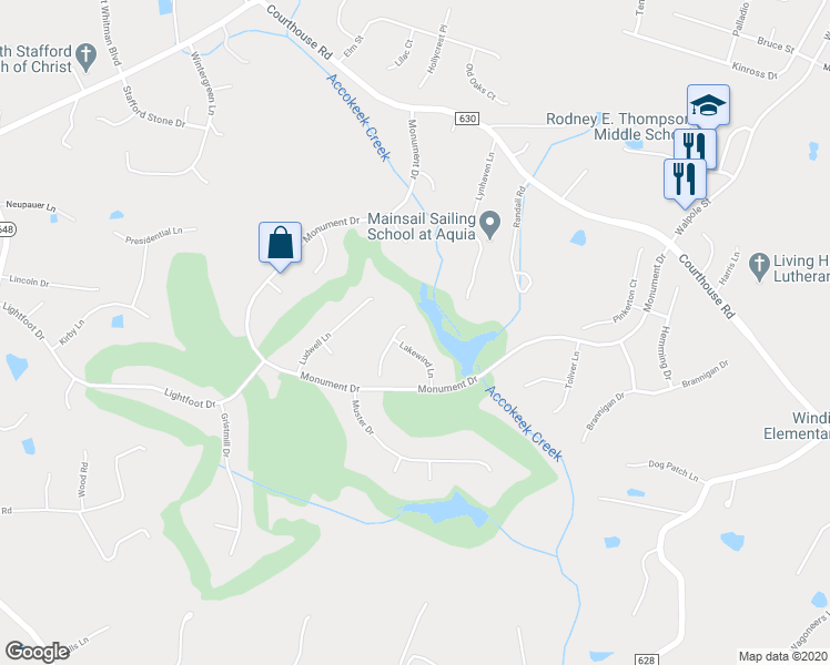 map of restaurants, bars, coffee shops, grocery stores, and more near 4 Cattail Court in Stafford