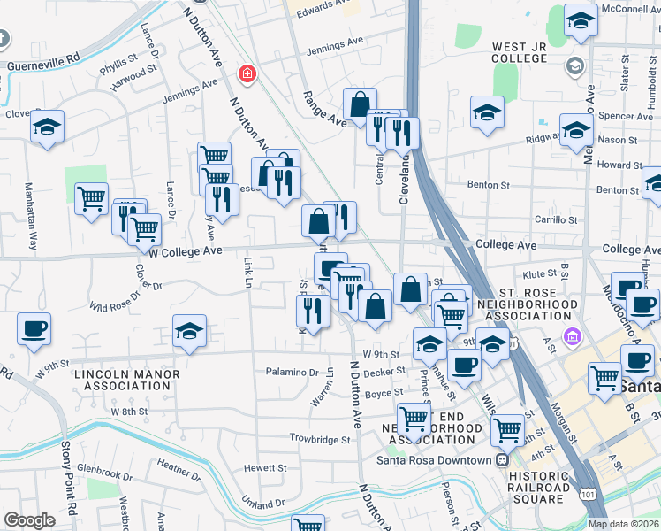 map of restaurants, bars, coffee shops, grocery stores, and more near 1058 North Dutton Avenue in Santa Rosa