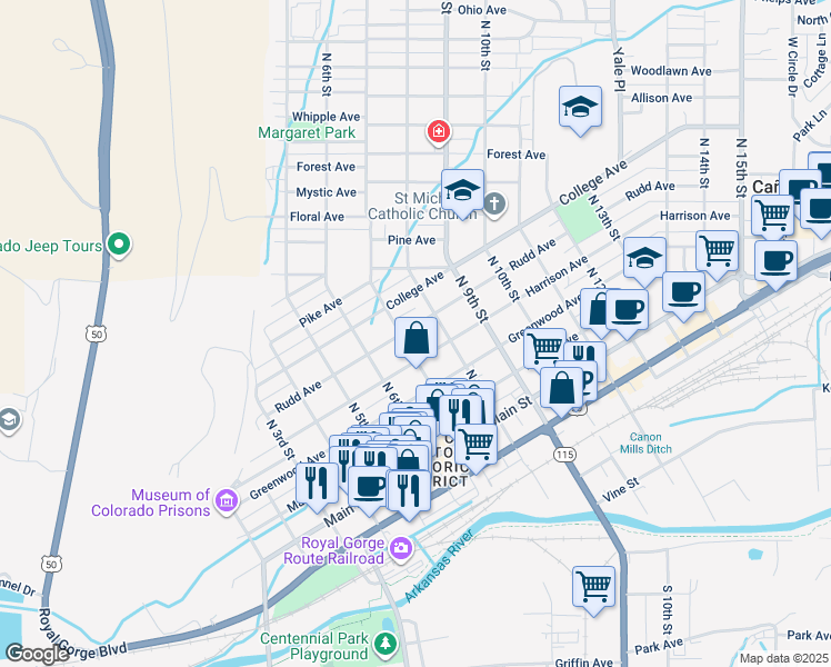 map of restaurants, bars, coffee shops, grocery stores, and more near 710 Rudd Avenue in Cañon City