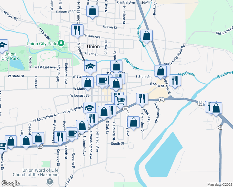 map of restaurants, bars, coffee shops, grocery stores, and more near 24 South Church Street in Union