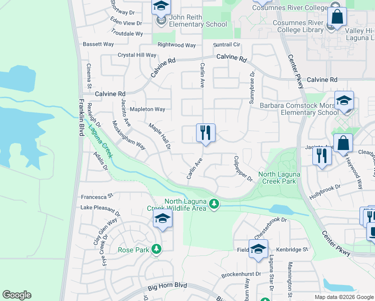 map of restaurants, bars, coffee shops, grocery stores, and more near 5901 Sternsburg Way in Sacramento