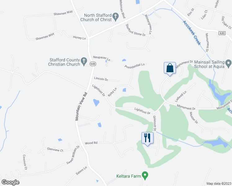 map of restaurants, bars, coffee shops, grocery stores, and more near 20 Kirby Lane in Stafford
