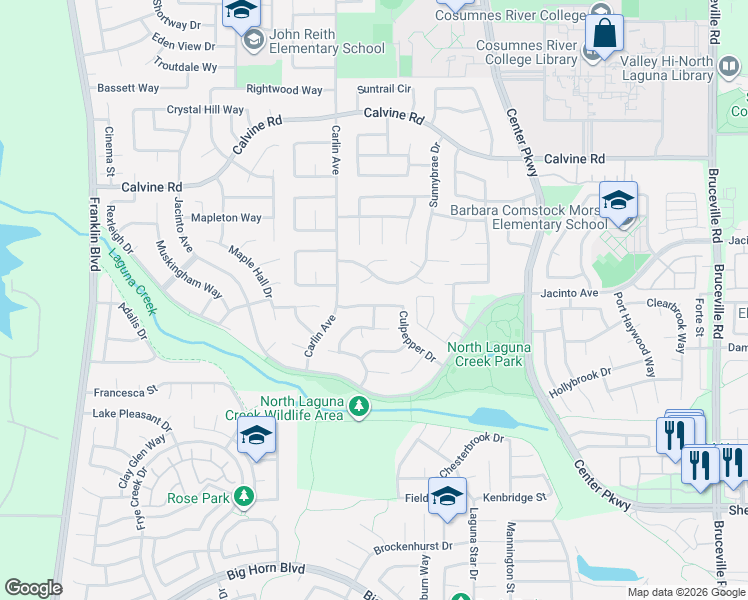 map of restaurants, bars, coffee shops, grocery stores, and more near 8583 Culpepper Drive in Sacramento
