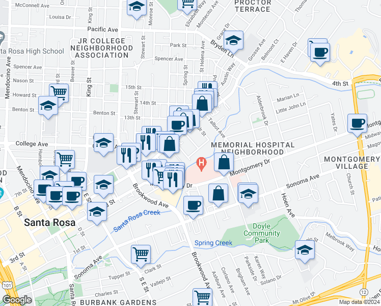 map of restaurants, bars, coffee shops, grocery stores, and more near 1226 Fair Oaks Avenue in Santa Rosa