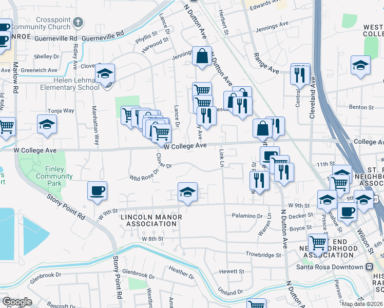 map of restaurants, bars, coffee shops, grocery stores, and more near 650 West College Avenue in Santa Rosa