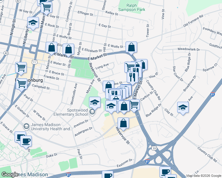 map of restaurants, bars, coffee shops, grocery stores, and more near 528 Norwood Street in Harrisonburg
