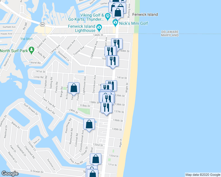 map of restaurants, bars, coffee shops, grocery stores, and more near 13903 Coastal Highway in Ocean City