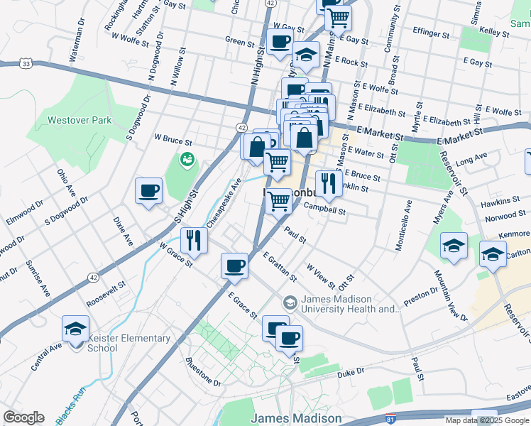map of restaurants, bars, coffee shops, grocery stores, and more near 298 South Liberty Street in Harrisonburg
