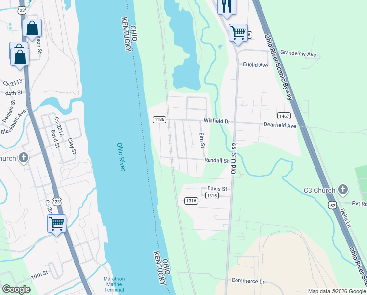 map of restaurants, bars, coffee shops, grocery stores, and more near 52 Pvt Drive in South Point