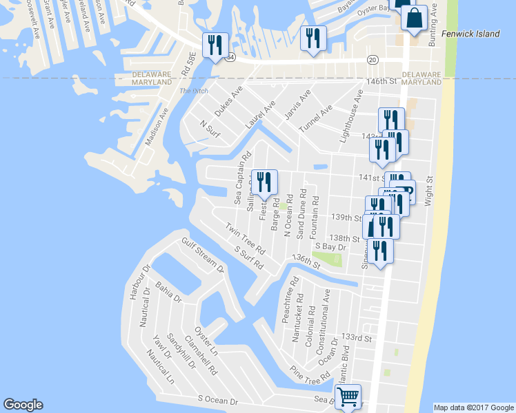 map of restaurants, bars, coffee shops, grocery stores, and more near 600 139th Street in Ocean City